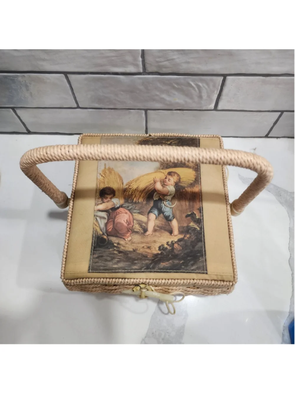 Vintage Woven Sewing Basket w/ Bakelite Clasp Scenic Lid with lots of Supplies
